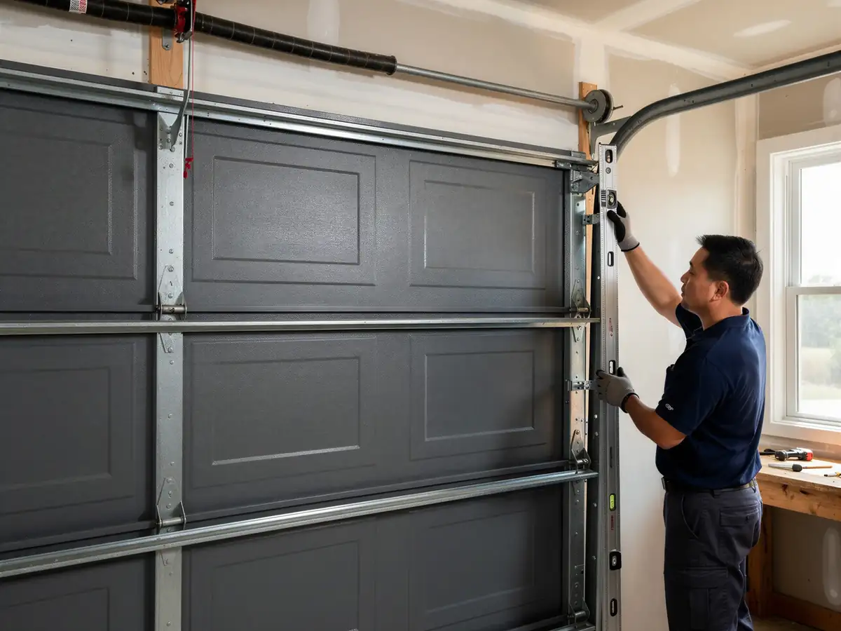 A technician uses a level to adjust the gray garage door track.
