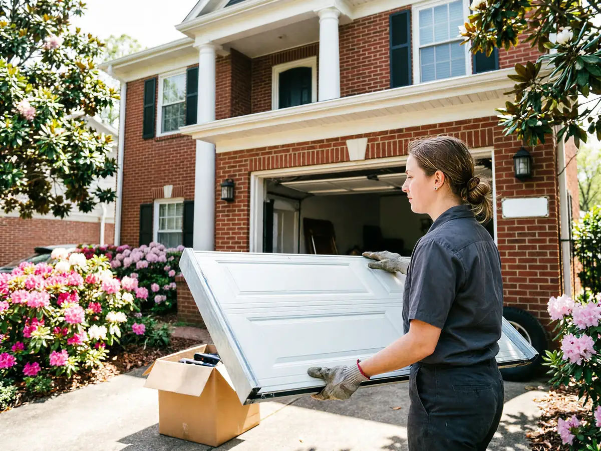 A technician wearing gloves carries a white garage door panel in front of a brick house.