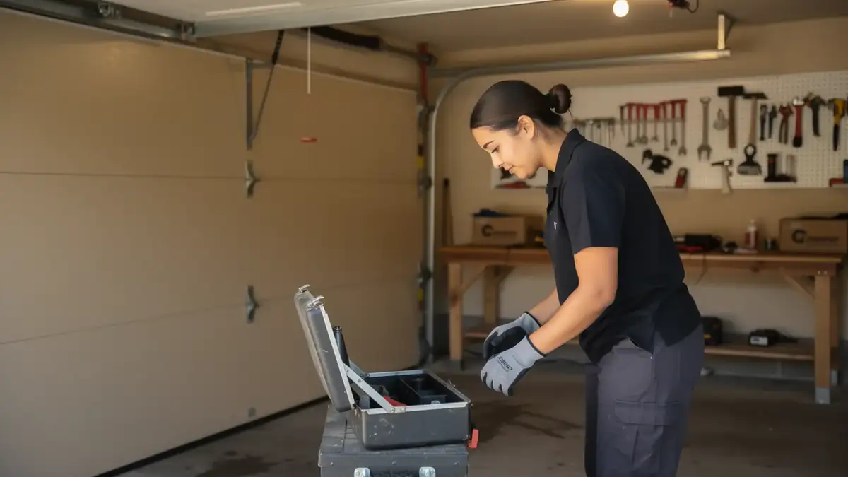 A technician in a black shirt and gray gloves looks into an open toolbox.